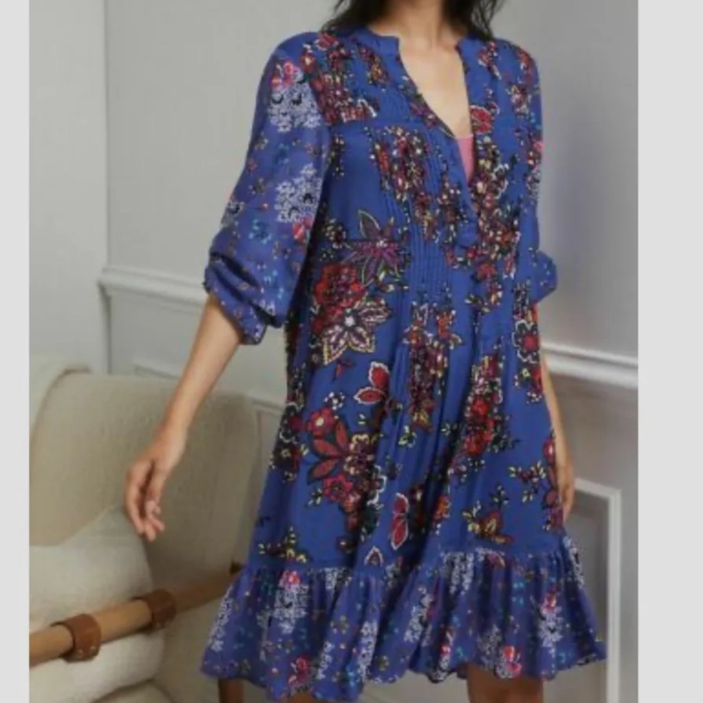 Anthropologie Diana Pintucked Floral Print Purple Tunic Dress Size Small S Boho